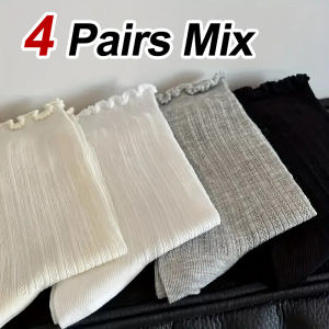 4 Pairs Women Solid Color Mesh Mid Tube Socks Summer Lightweight Breathable Fashionable Wavy Edge Ballet Style Casual Socks