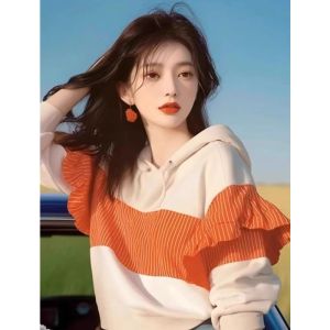 เสื้อสเวตเตอร์มีฮู้ดลายทางสีส้ม ทรงหลวม แขนยาว ผ้าฝ้าย ฤดูใบไม้ร่วง 2024 สำหรับผู้หญิง แฟชั่นสตรี ฤดูใบไม้ร่วง 2024