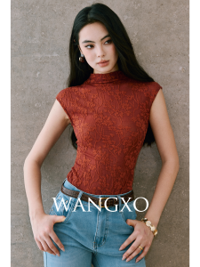 WANGXO | Áo Thun Không Tay Ôm Body Thêu Hoa Văn 3D