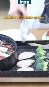 Long Pan 2 IN 1 Electric BBQ Grill Steamboat Pot Grill Pan Fry Hot Pot Steamboat Pan Periuk Stimbot