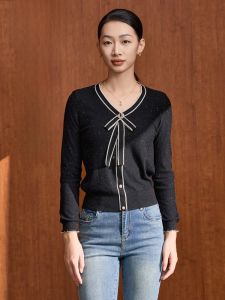 MY TENO | Black V-neck Knitwear With Button And Butterfly Knot MY TENO Womens Fashionable Versatile Spring Autumn New Style Regular Fit
