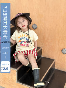 Girls Short Sleeve T-Shirt Korean Style Printed Short Base Shirt Summer Children Cotton Fabric Micro Slit Design Kids Top