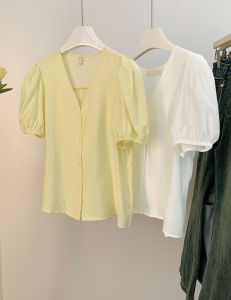 AMILUCK | Loose White Casual Shirt Womens Fashionable Vintage Style Top Breathable Polyester Fiber V-neck Button Detail Short Sleeve