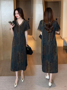 ชุดเดรสยาวปานกลางพิมพ์ลายดอกไม้ฤดูร้อนสำหรับผู้หญิง ชุดเดรสยาวปานกลางสไตล์ฝรั่งเศส แขนสั้น คอวี ชุดทำงานลำลอง