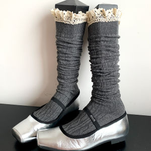 Gray Lace Trim Mid-Calf Socks Womens Spring Autumn Black Over-The-Knee Socks Matching with Small Leather Shoes JK White Mid-Tube Socks
