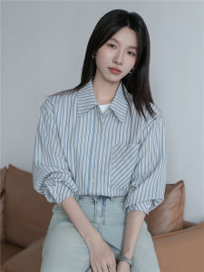French Stripe Long Sleeve Shirt Womens Loose Design Sensation Lazy Style Polyester Fiber Polo Collar Button up Casual Shirt