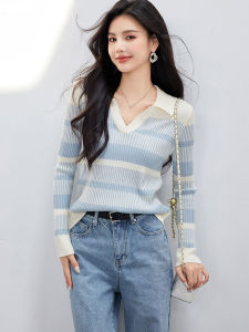 Slimming V-Neck Gradient Stripe Knitwear Top Womens Fashionable Versatile Long Sleeve Base Layer Shirt Soft Cotton Blend