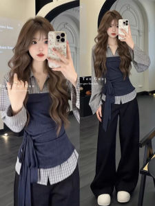 XUECAIQI | Korean Style Color Block Pseudo Two-Piece Waist Tied Shirt and Wide Leg Pants Set
