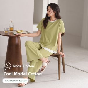MiiOW | Cat Lady Summer Thin Short Sleeve Modal Cotton Silk Sleepwear Set Womens Home Clothes Long Pants Comfortable Breathable