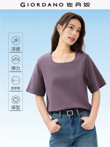Giordano Womens Summer T-Shirt Square Collar Short Sleeve Cool Feeling Pure Color Simple Style Black Technology Cotton Blend