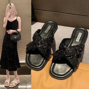 รองเท้าแตะส้นแบนสไตล์ฝรั่งเศสสำหรับผู้หญิงไซส์ใหญ่ หนัง PU พื้นยาง รองเท้าแตะส้นแบนสีเงินแบบลำลอง