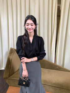 Elegant Black Silk Satin Shirt Womens V-neck Design Unique Style Professional Top OL Commute Straight Tube Long Sleeve Polyester Blouse