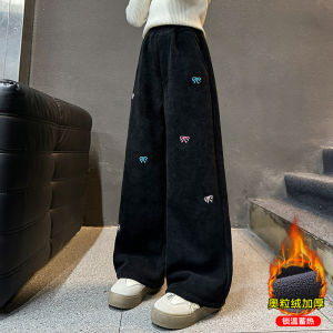 Girls Fleece Lined Wide Leg Pants Thickened Autumn Winter Children Casual Fashion High Waist Long Pants Velvet Trousers