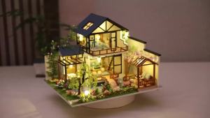 DIY Wooden Miniature Dollhouse Kit 3D Puzzle Cottage House Model with LED Light Craft Assembly Toy Gift for Adults Teens