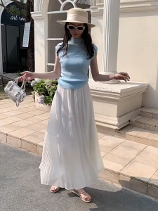 Fashion A-line Styling Maxi Pleated Skirt for Women Elastic Waist Casual Half Skirt