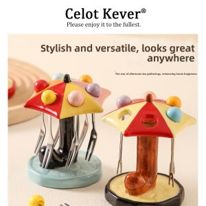 Creative High Aesthetic Value Fruit Forks & Ceramic Storage Set