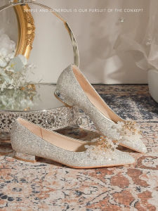 รองเท้าแต่งงานส้นเตี้ยประดับคริสตัลแบบสวมสำหรับผู้หญิง รองเท้าแตะส้นแบน สวมใส่สบาย รองเท้าแต่งงานแบบสวมได้สองทาง รองเท้าแตะแบบสวมสำหรับคุณแม่วางไข่