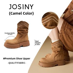 Josiny | Thick Bottom Medium Heel Retro Embroidered Western Boot