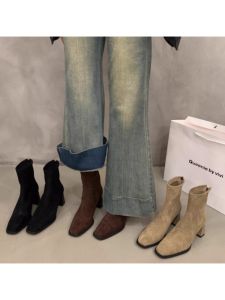 High Heel Velvet Martin Boots Womens Shoes Square Head Slim Short Boots Autumn Winter Fashion Booties Pull Zipper Closure