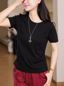 XIAOER | Attractive Glitter Whole Body Elastic Round Neck Short Sleeve T-Shirt 240g