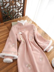 Elegant Long Cheongsam in Pink Embroidered Suede with Fur Collar Warmth Built in Traditional Chinese Style Daily Wear Polyester Fiber