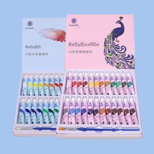 ชุดสีอะคริลิคและสีน้ําพร้อมแปรงเม็ดสี 12/24 สี 5 มล. ชุดวาดภาพเด็กสําหรับนักเรียนเริ่มต้น
