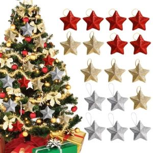【iloverosemerry】12Pcs 3D Multicolor Glitter Star New Christmas Decoration Gold Powder Stars Xmas Tree DIY Hanging Pendant Ornaments New Year Party Decor
