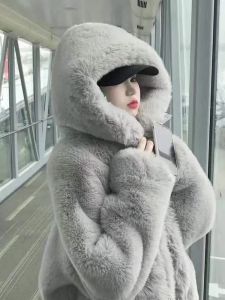 เสื้อโค้ทขนแกะหนาสำหรับผู้หญิง ฤดูใบไม้ร่วง/ฤดูหนาว แฟชั่นเสื้อโค้ทขนสัตว์เทียม ขนกระต่าย ปกขนแกะ แขนยาว ปกขนแกะ ปกคอวี ทรงหลวม