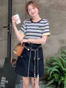 Shalldoer | Elegant Plus Size Striped Dress Womens Summer Waist Cinching Belly Concealing Slimming Short Skirt Casual Cake Skirt Polyester Fiber