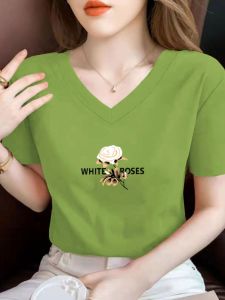 เสื้อยืดคอกว้างแขนสั้นผู้หญิง ผ้าฝ้ายแท้ ทรงหลวม แฟชั่นฤดูร้อน 2023 เสื้อผ้าทำงานแขนสั้นคอวี พิมพ์ลาย ทรงเข้ารูป เสื้อผ้าทำงาน