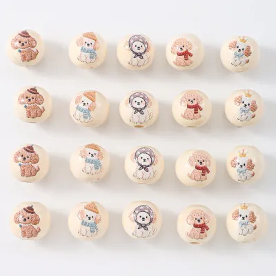 iYOE 10pcs 20mm Wooden Dog Round Beads Puppy Printed Large Hole Loose Spacer Beads for Jewelry Making Bracelet Necklace Keychain