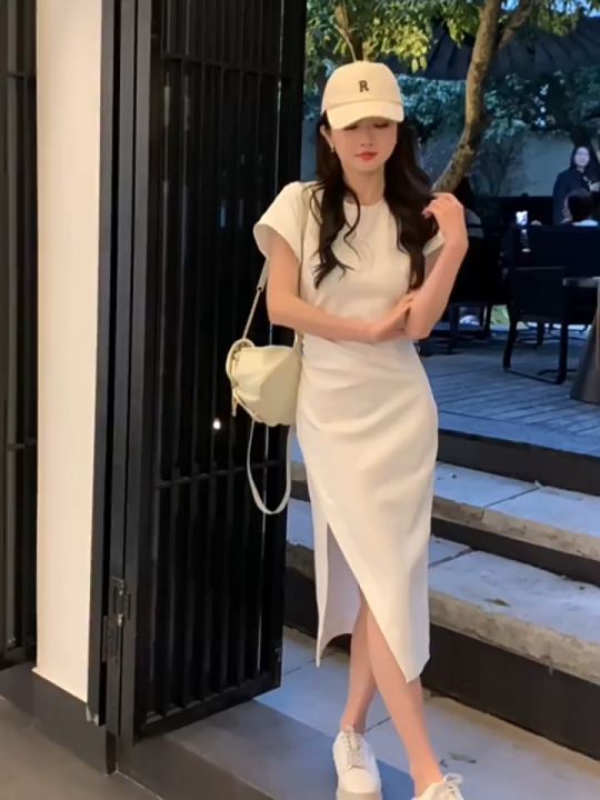 summer beach slit dress plain black dress korean style plus size