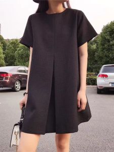 Summer New Style A-Line Midi Dress Womens round Neck Short Sleeve Loose Black Dress Simple H-Line Polyester Fiber Spring Autumn