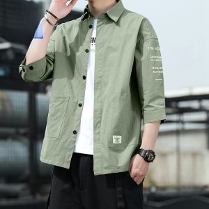 ROMON | Romon Mens Long Sleeve Cotton Shirt Casual Loose Fit Youth Trend Autumn Outerwear Workwear Style Button Detail Washed Fabric