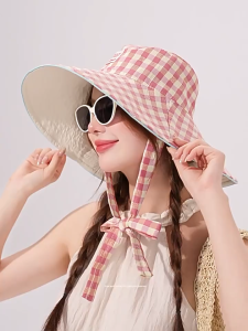 แฟชั่น หมวกกันแดดพับได้ 2 ด้าน สไตล์วินเทจ หมวกบักเก็ต ลายสก็อต ขนาดใหญ่ สําหรับผู้หญิงGW55