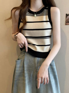 เสื้อกั๊กถักลายทางสีสันสดใสสำหรับผู้หญิง ฤดูใบไม้ผลิและฤดูร้อน ไซส์ใหญ่ ทรงหลวม ทรงเข้ารูป ปกโปโล แขนกุด คอวี