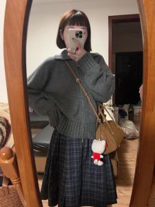 Retro Korean Style Zipper Neck Open Cardigan Loose Knitted Sweater Grey Womens Top Casual Autumn Outerwear for Commuting