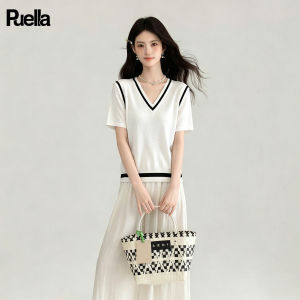 puella | Áo Thun Nữ Hàn Quốc Kiểu Hè Cổ V Đan Bằng Kẻ Sợi Băng