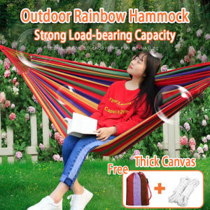 Outdoor Hammock Rainbow Hammock Outdoor Canvas Fabric Camping Striped Portable Canvas Travel Swing Bed Camping Hammocks Picnic Free Rope Storage Bag Buaian Gantung Tidur 吊床