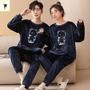 Couple Pajamas Womens Winter Long Sleeves Coral Fleece Fleece-lined Thickened Mens Flannel Heattech Pants Suit Outerwear Homewear