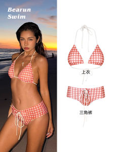 BEARUN SWIM Plaid Halter Bikini Beach Coast Small Chest Gathered Separate Swimsuit Womens Sports Yoga Fitness Fans Supplies
