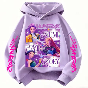 Cartoon Hoodie for Boys and Girls KPop Demon Hunter Rumi Derpy Warm and Thick Fashionable Casual Top Printed Purple Sweatshirt