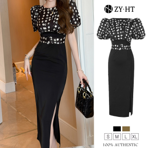 ZY·HT Dinner Dress Women Elegant 2024 Black Dress Green Sleeves Puffy Sleeves Spotted Dress Satin Dress Work Dress High Society Dress Work Out Dress French Dress 30523