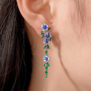 Huitan Vintage Enamel Flower Dangle Earrings Women Temperament Blue Trumpet Flower Long Earrings Wedding Party Aesthetic Jewelry