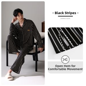 JIALEFEN | Spring Autumn Men Black Striped Leisure Homewear Set