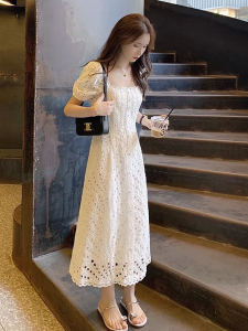 White Lace Hollow out Square Collar Long Dress Womens Summer Fashion French Style High Waist A-Line Dress Retro Commute Dress