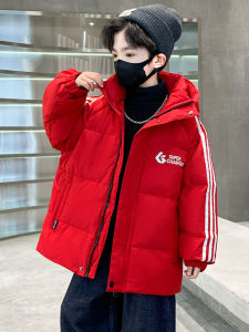 เสื้อแจ็คเก็ตขนเป็ดคอตตอนหนาสำหรับเด็กชาย ทรงยาวปานกลาง ฤดูหนาว 2024 ใหม่ เสื้อผ้าเด็กชายสีแดงมีฮู้ด เสื้อผ้าเด็กชาย
