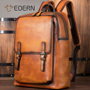 EDERN Retro Genuine Leather Backpack for Men Large Capacity Business Travel Backpack Fashion Waterproof Cowhide Schoolbag 15.6-inch Laptop Bag