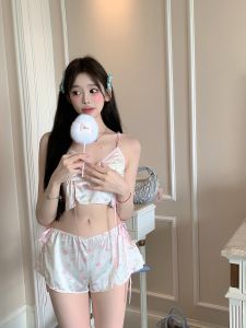 Mint หวาน ชุดราตรีแขนสั้นบ้านส่วนตัวของสาวชา Laolao Sauce พร้อม โบว์ Knots น่ารัก สายคล้อง กางเกงขาสั้น ชุดนอน