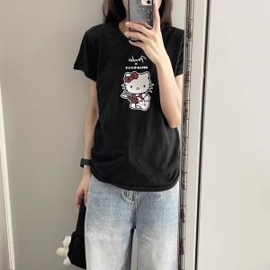 Slim Fit Short Sleeve T-Shirt Womens Black Guitar Kitty Cat Print BM Top Cotton Commute Style Summer Fashion Casual Shirt
